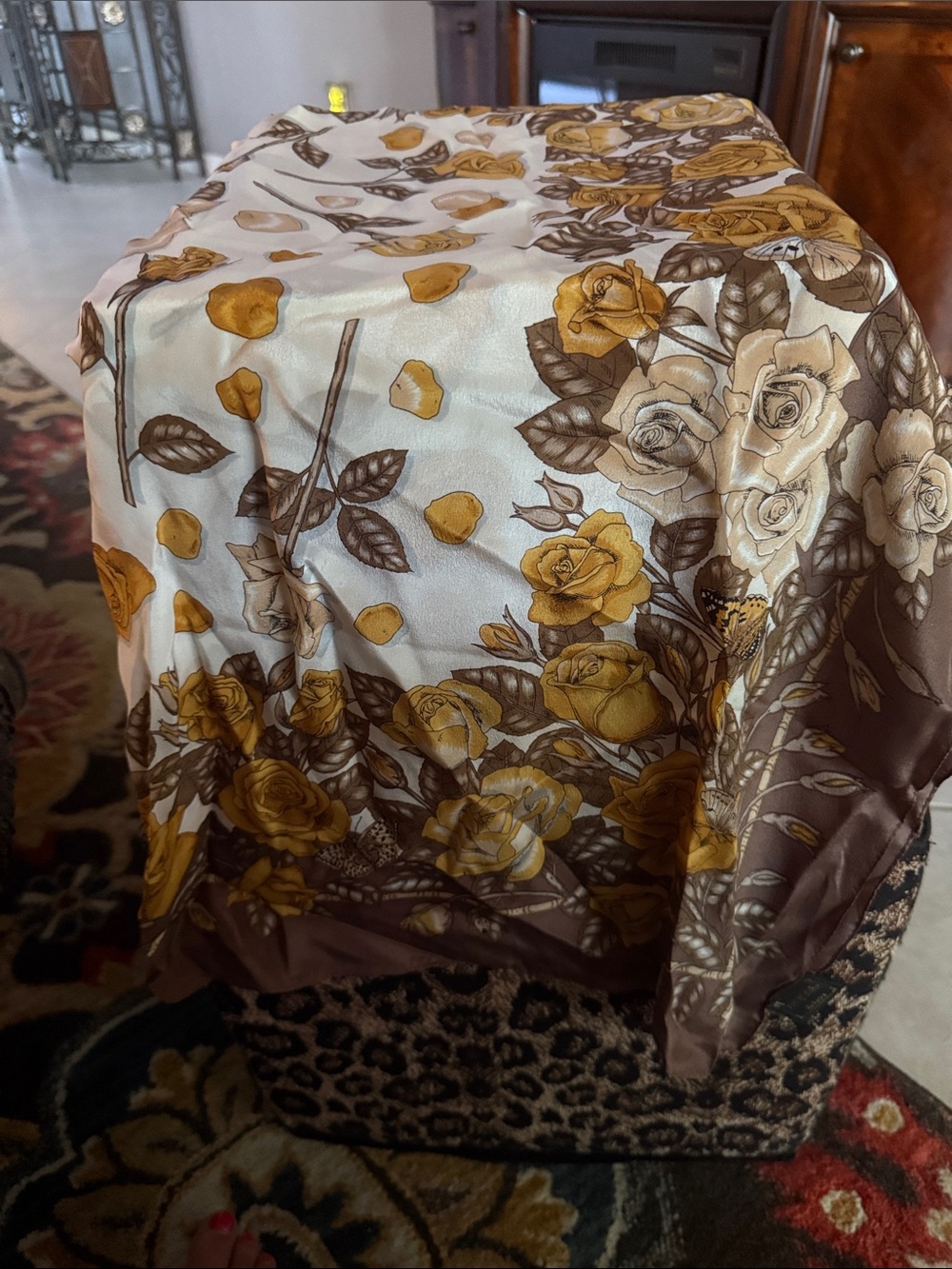 Art of Silk Floral Rose Print Silk Scarf in Gold and Brown